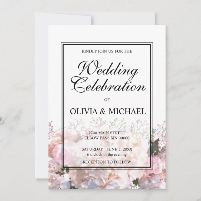 Romantic white  lace hydrangeas pink roses wedding invitation (Front)