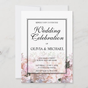 Romantic white lace hydrangeas pink roses wedding invitation