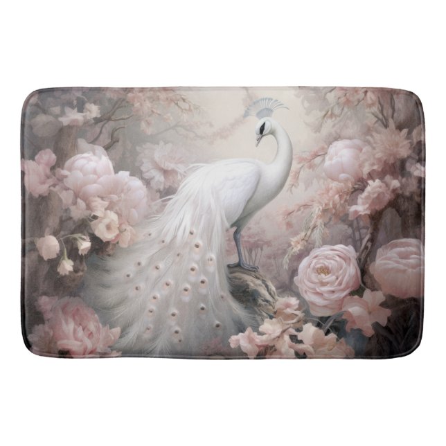 Romantic White Peacock and Blush Pink Flowers Bath Mat (Front)