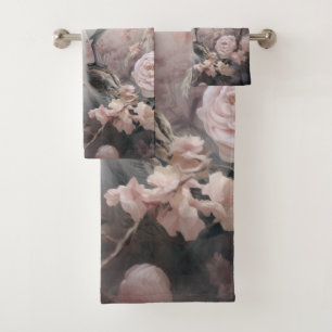 Romantic White Peacock and Blush Pink Flowers Bath Towel Set