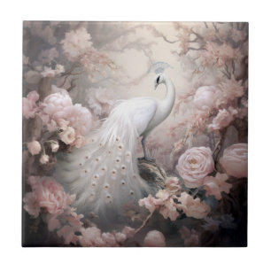 Romantic White Peacock and Blush Pink Flowers Ceramic Tile