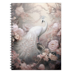 Romantic White Peacock and Blush Pink Flowers Notebook