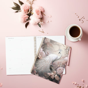 Romantic White Peacock and Blush Pink Flowers Planner