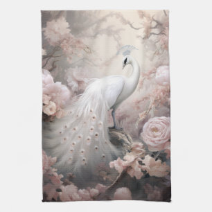 Romantic White Peacock and Blush Pink Flowers Tea Towel