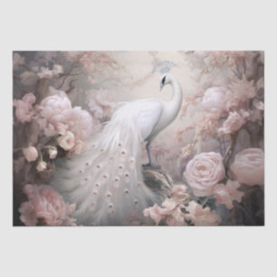 Romantic White Peacock and Blush Pink Flowers Tissue Paper