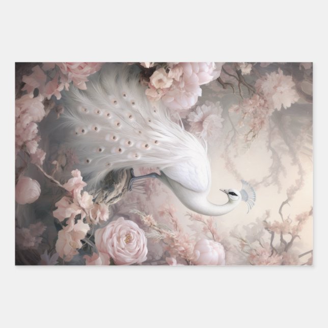 Romantic White Peacock and Blush Pink Flowers Wrapping Paper Sheet (Front)