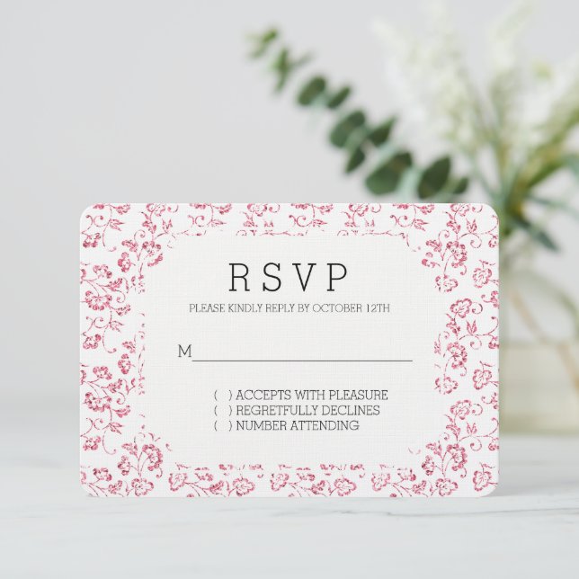 Romantic White Pink Glitter Floral Wedding RSVP (Standing Front)