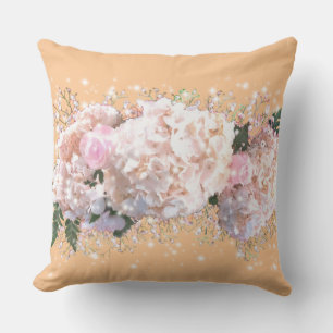 Romantic white pink hydrangeas, pink white flowers cushion