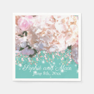 Romantic white pink hydrangeas, pink white flowers napkin