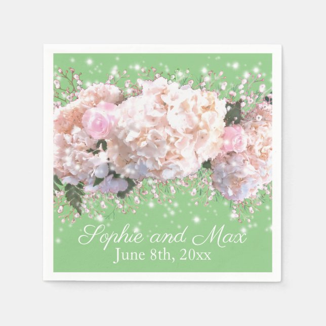 Romantic white pink hydrangeas, pink white flowers napkin (Front)