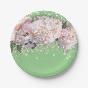 Romantic white pink hydrangeas, pink white flowers paper plate