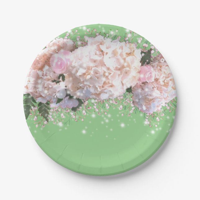 Romantic white pink hydrangeas, pink white flowers paper plate (Front)