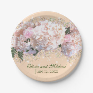 Romantic white pink hydrangeas, pink white flowers paper plate