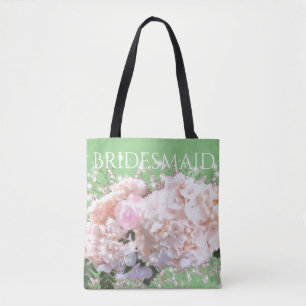 Romantic white pink hydrangeas, pink white flowers tote bag