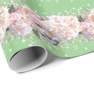Romantic white pink hydrangeas, pink white flowers wrapping paper