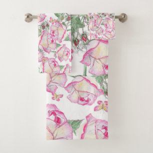 Romantic white pink yellow summer rose floral bath towel set