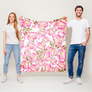 Romantic white pink yellow summer rose floral fleece blanket