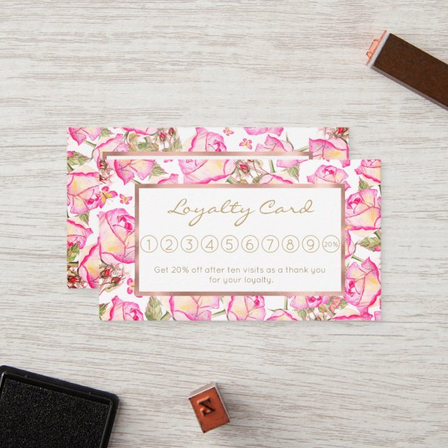 Romantic white pink yellow summer rose floral loyalty card (Front/Back In Situ)