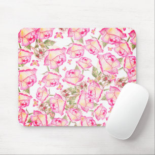 Romantic white pink yellow summer rose floral mouse pad