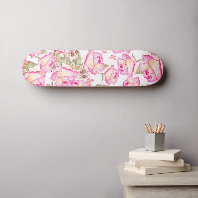 Romantic white pink yellow summer rose floral skateboard (Wall Art (Horz))