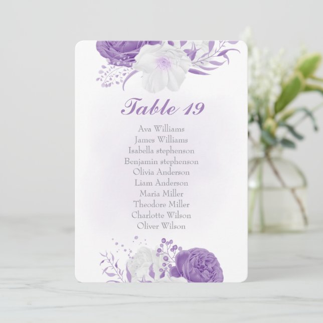 romantic white purple botanical seating chart card (Standing Front)