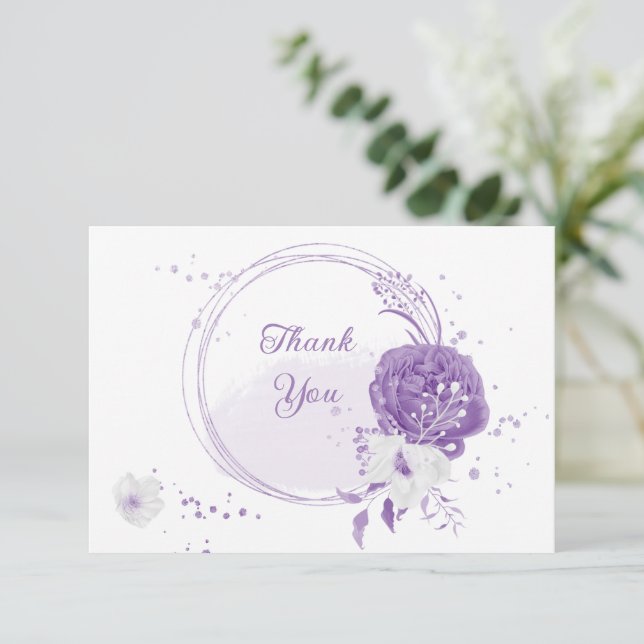 romantic white purple botanical wedding thank you card (Standing Front)