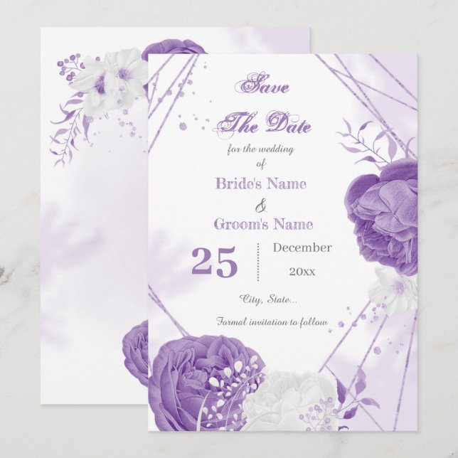 romantic white purple floral geometric save the date (Front/Back)