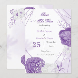 romantic white purple floral geometric save the date