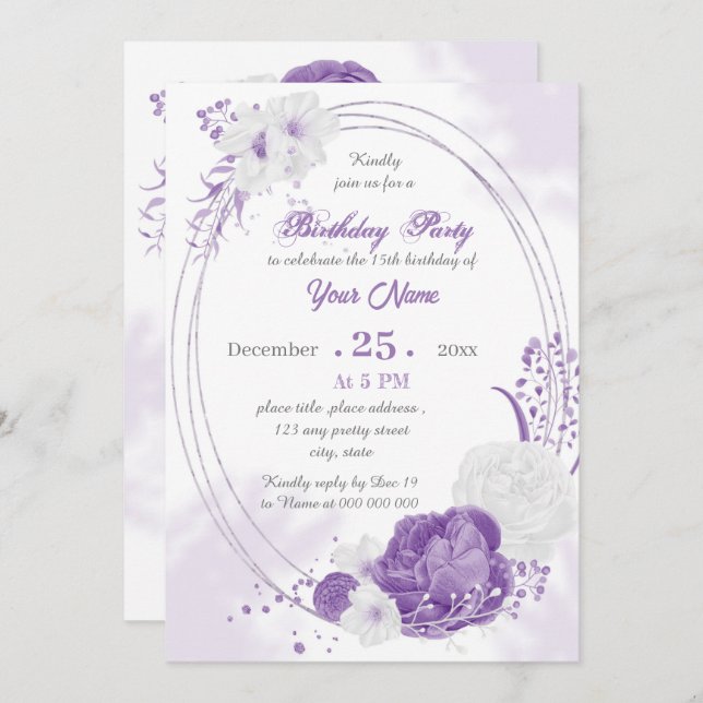 romantic white purple geometric birthday party  invitation (Front/Back)