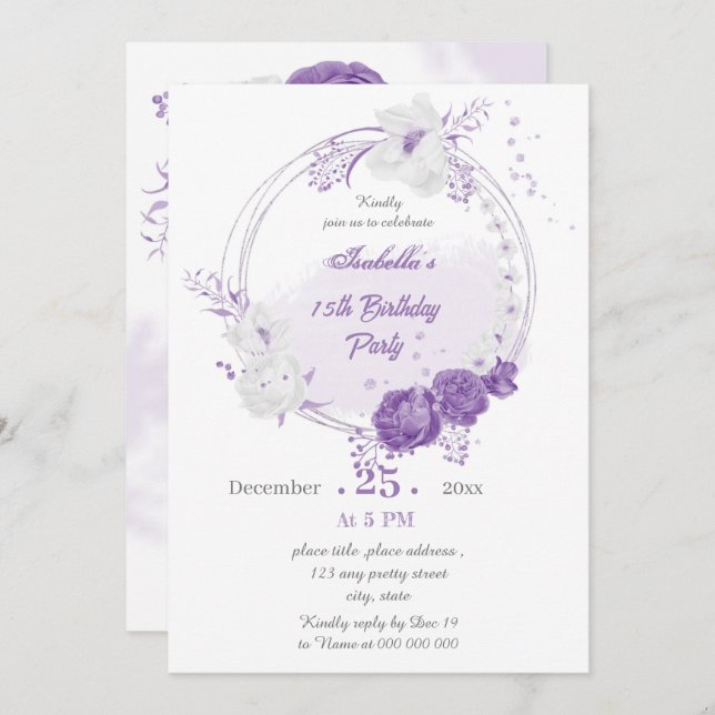 romantic white purple geometric birthday party invitation (Front/Back)