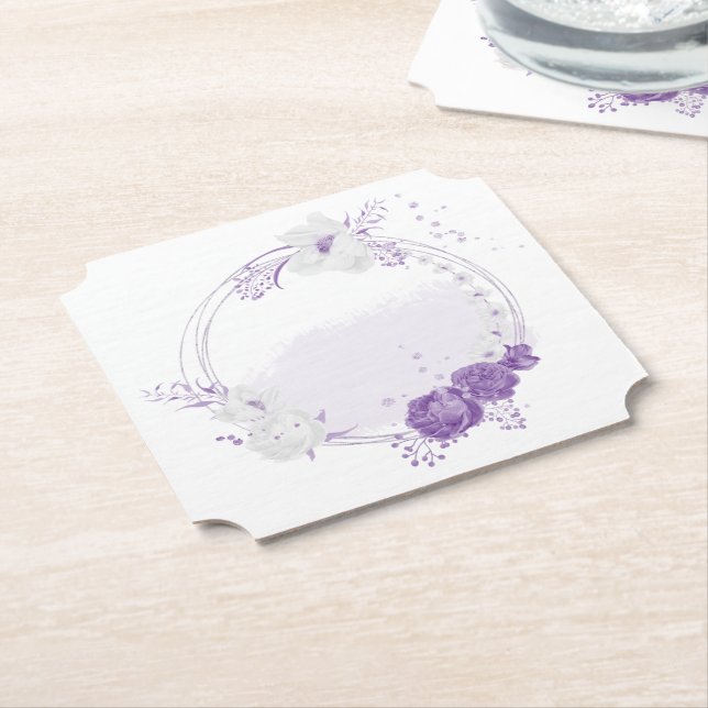 romantic white & purple wedding paper coaster (Angled)