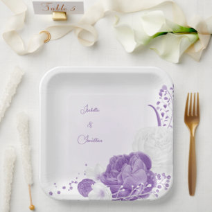 romantic white & purple wedding paper plate