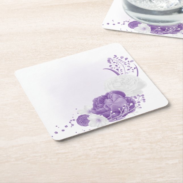romantic white & purple wedding square paper coaster (Angled)