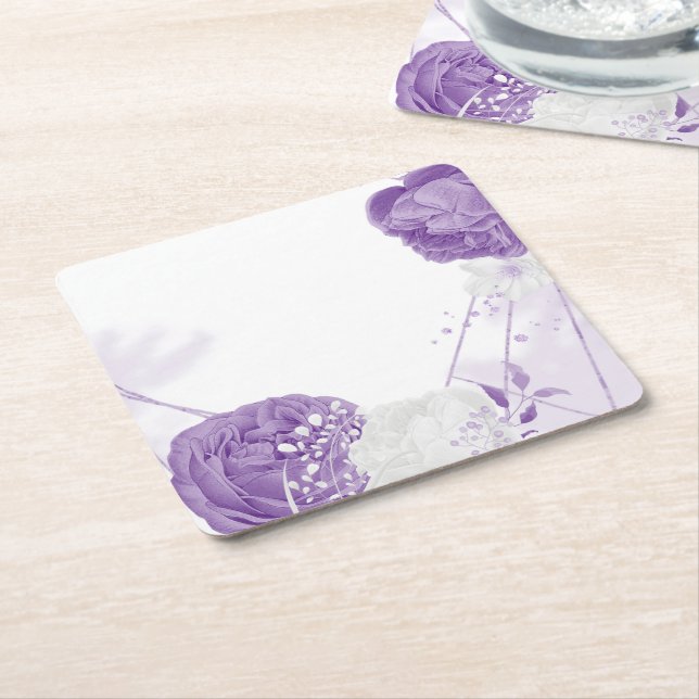 romantic white & purple wedding square paper coaster (Angled)
