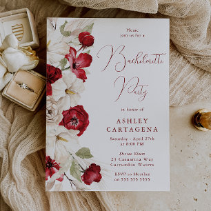 Romantic White & Red Floral Bachelorette Party Invitation