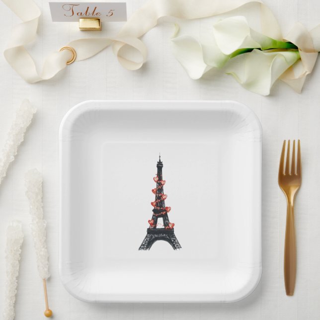 Romantic White Red Hearts Eiffel Tower Wedding Paper Plate (Wedding)