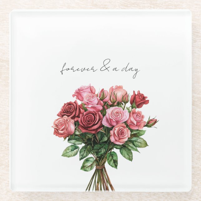 Romantic White Red Pink Roses Floral Wedding Glass Coaster (Front)