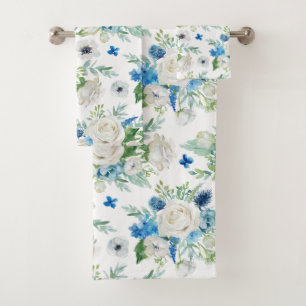 Romantic White Rose & Blue Floral Pattern Bath Towel Set