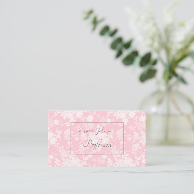  Romantic White Rose Floral Painting Pink Pattern Business Card (Standing Front)
