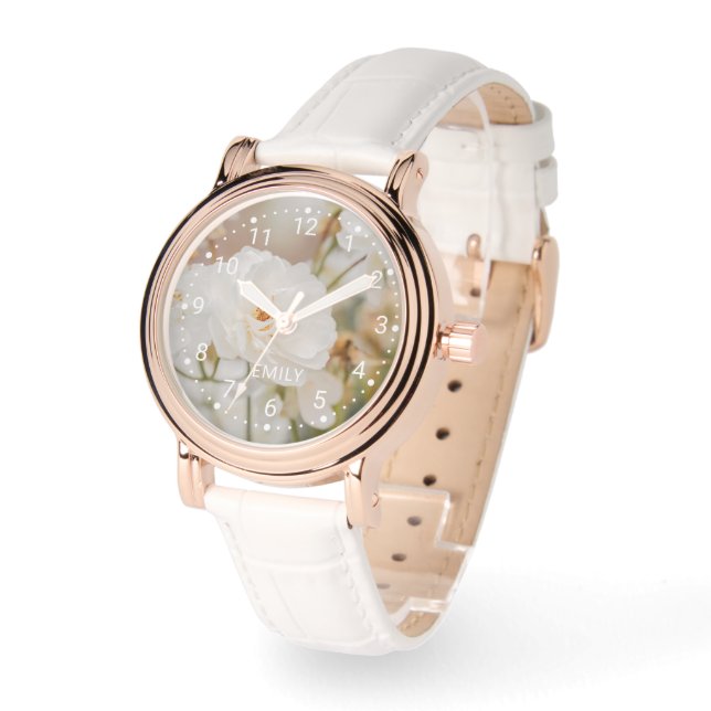 Romantic White Rose Flowers Photo And Custom Name Watch (Angle)