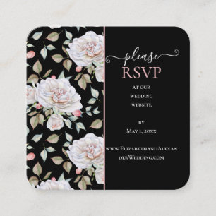 Romantic White Rose on Black Wedding Website RSVP Square Business Card