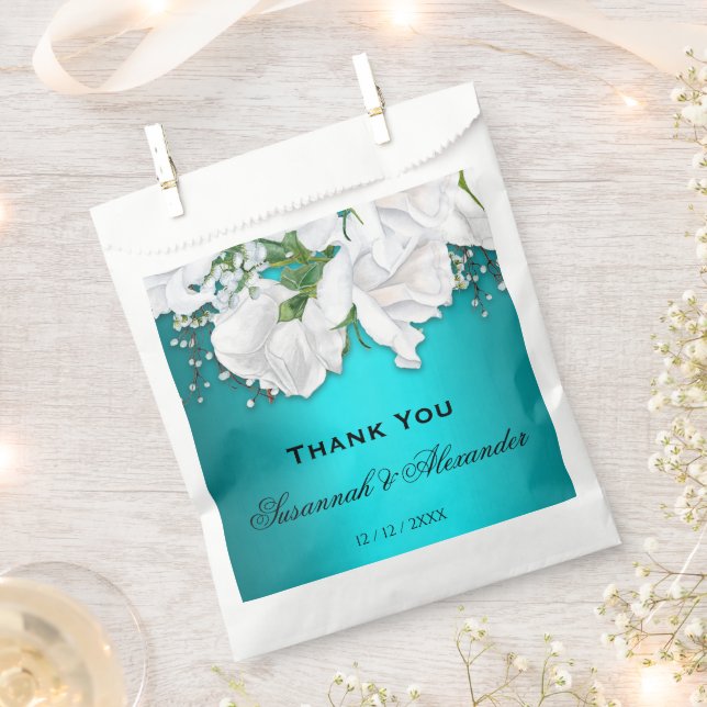 Romantic White Roses and Aqua Wedding Favour Bag (Clipped)