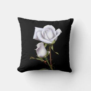Romantic White Roses Elegant Floral Glam Black Cushion