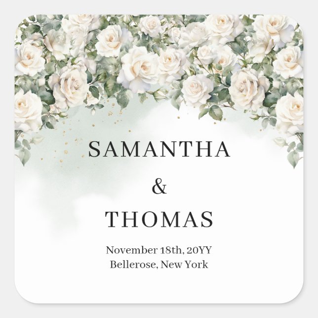 Romantic white roses Eucalyptus and Gold wedding Square Sticker (Front)