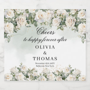 Romantic white roses Eucalyptus Greenery and Gold Beer Bottle Label