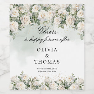 Romantic white roses Eucalyptus Greenery and Gold  Wine Label
