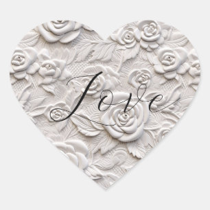 Romantic White Roses Faux Leather Wedding Heart Sticker