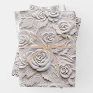 Romantic White Roses Faux Leather Wedding Wrapping Paper Sheet