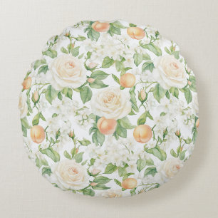 Romantic White Roses Floral Peaches Round Cushion