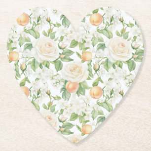 Romantic White Roses Floral Peaches Wedding Paper Coaster